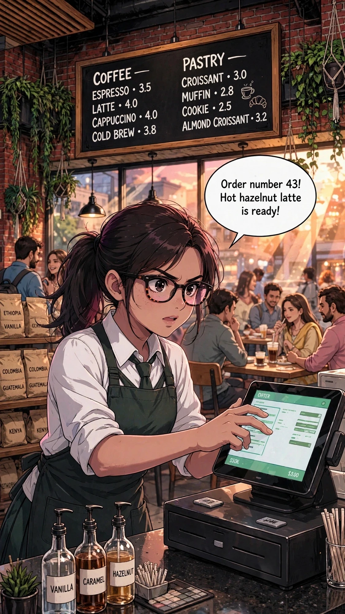 "Order number 43! Hot hazelnut latte is ready!"