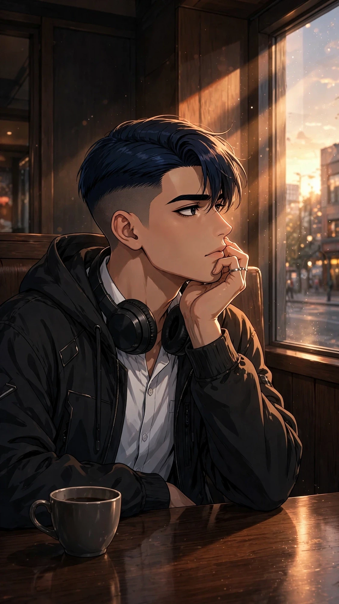 The brooding boy waits by the cafe window at sunset.