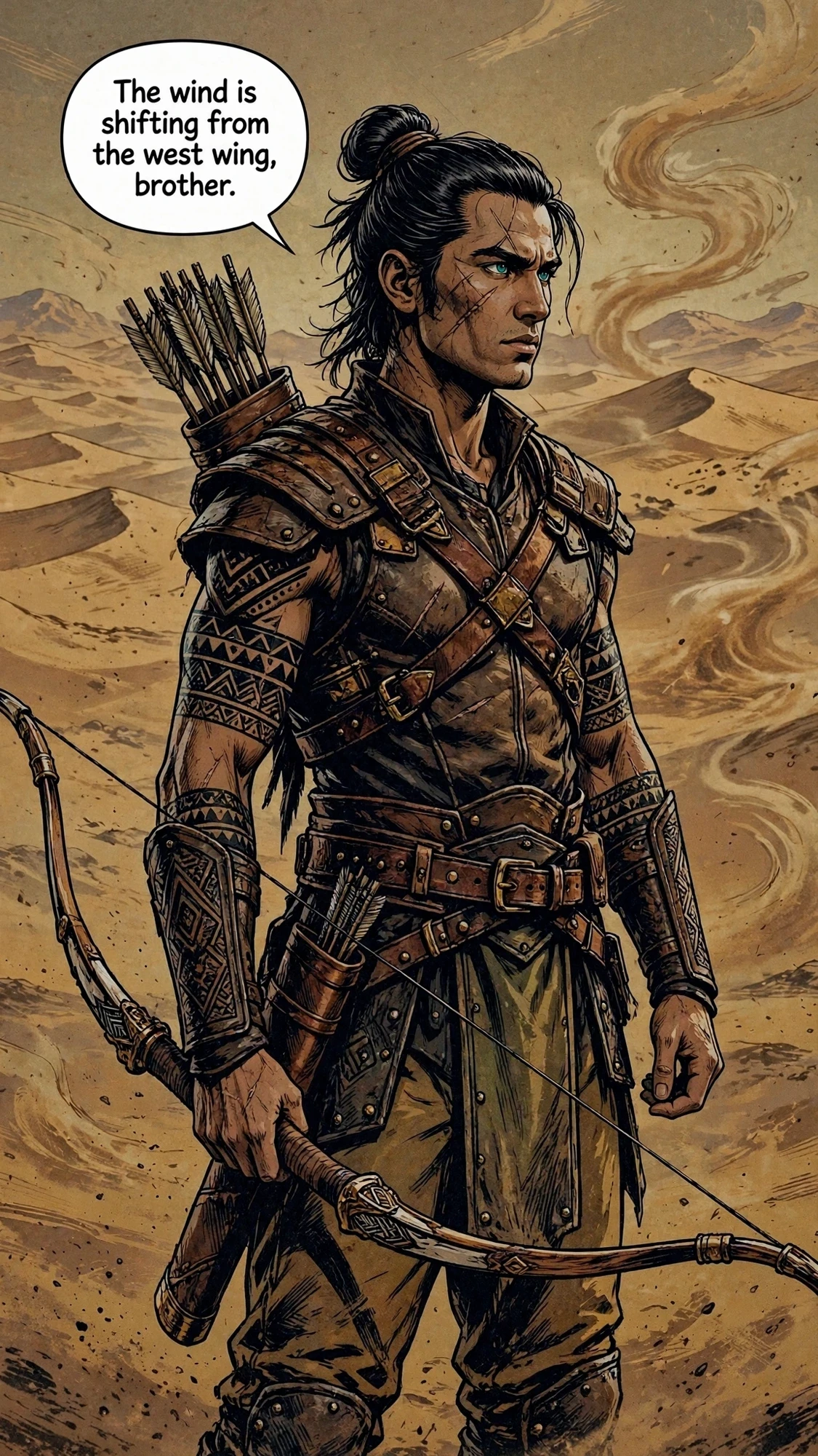 The archer brother reads the desert wind, bow in hand: 'The wind is shifting from the west wing, brother.'