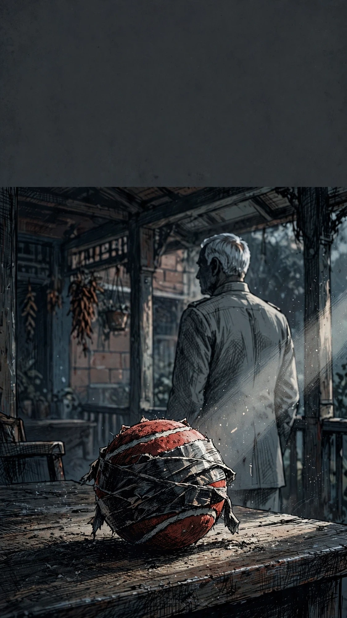 Episode 2 title page - the taped ball and the Major on the porch