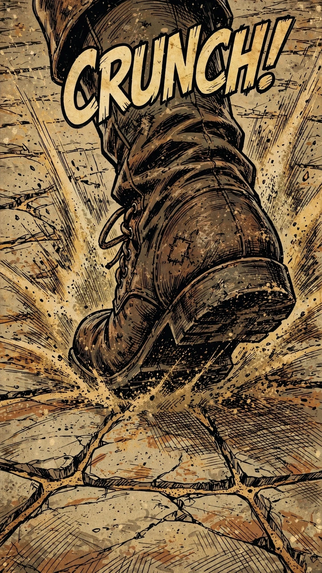A heavy boot slams down and cracks the stone ground — CRUNCH!