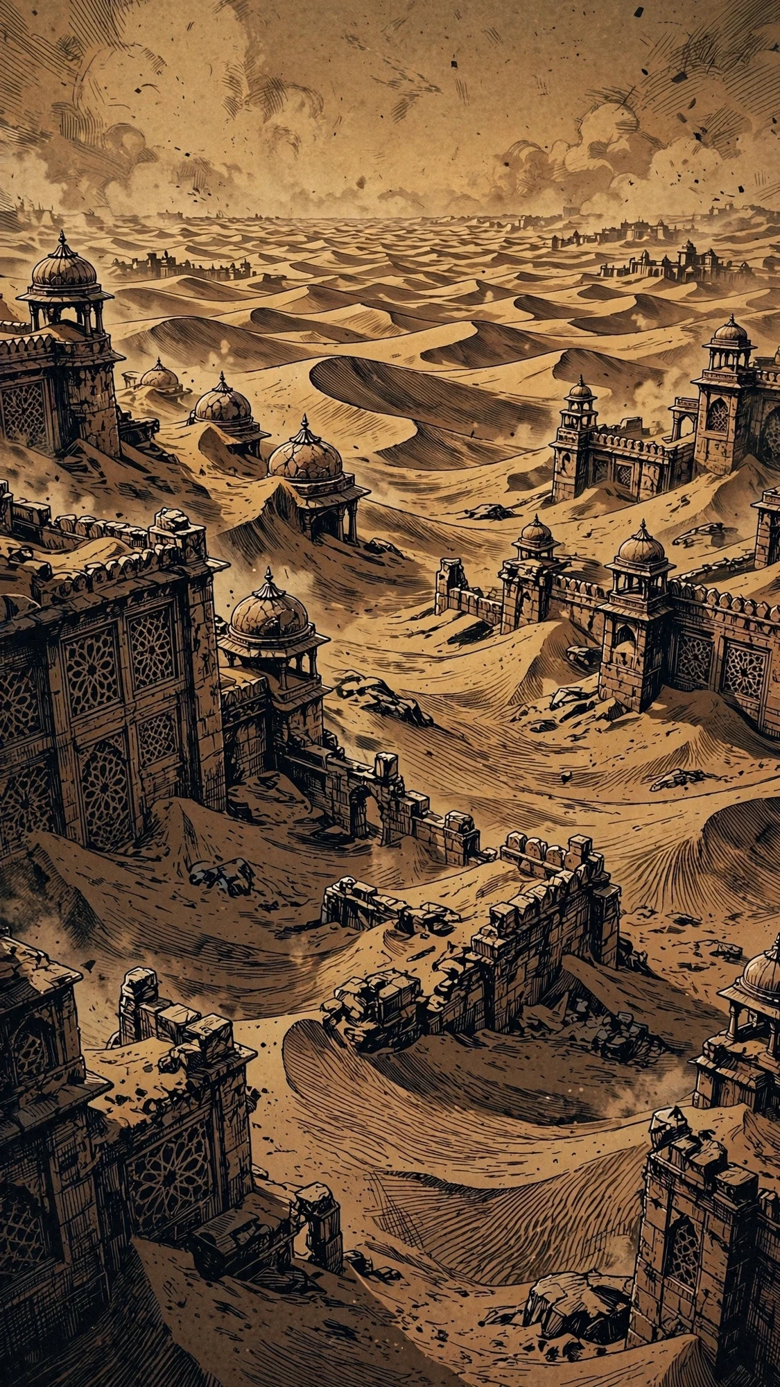 Wide panorama of a sand-buried desert fort city under a dust-choked sky