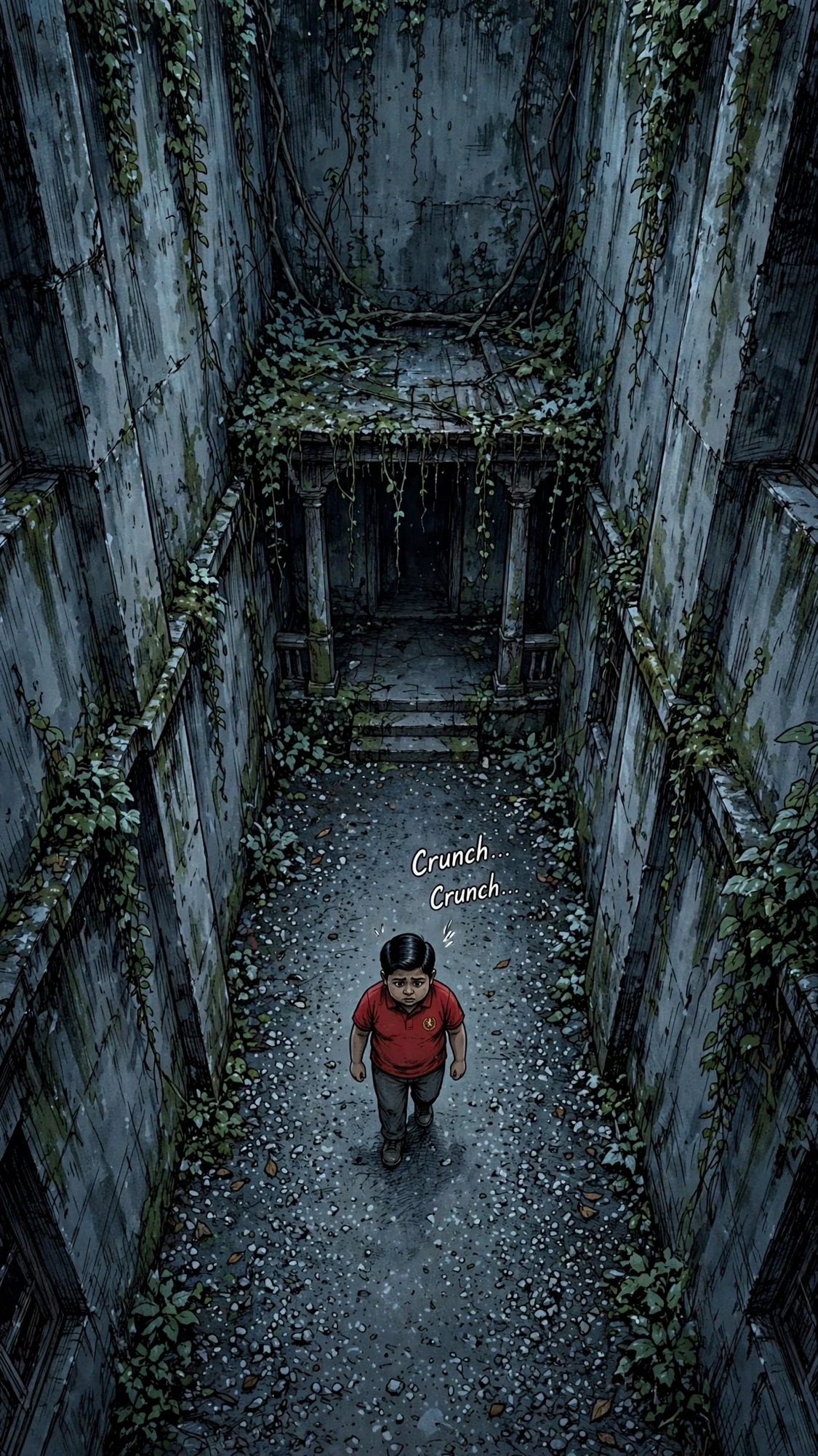Crunch... Crunch... Sunny steps into the overgrown ruins.