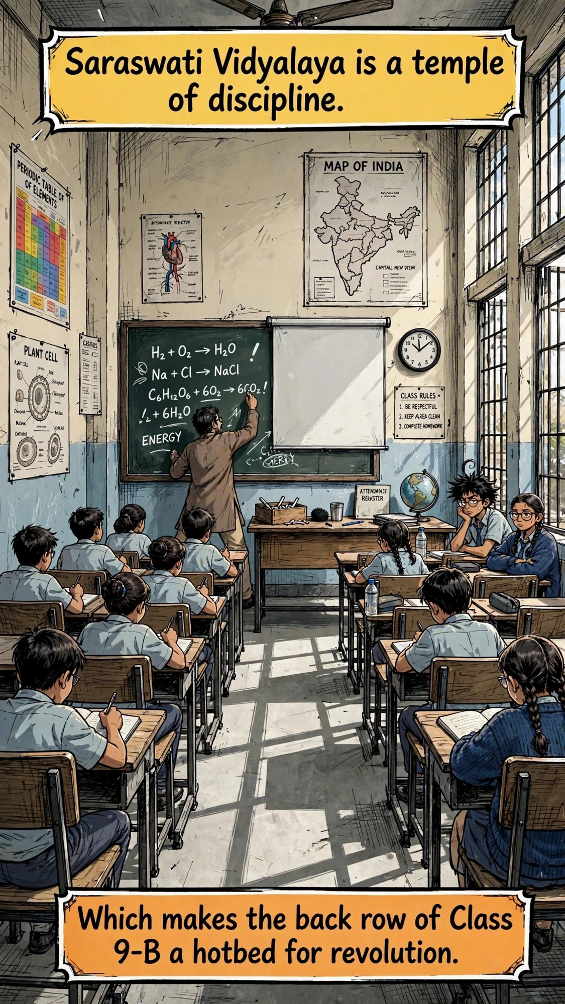 Saraswati Vidyalaya is a temple of discipline. Which makes the back row of Class 9-B a hotbed for revolution.