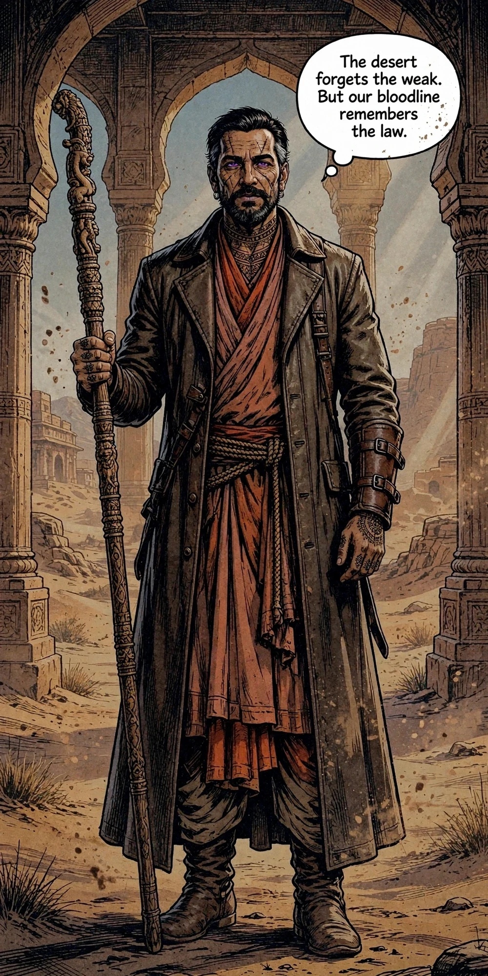 The elder brother with a carved staff and violet eyes stands in a ruined archway: 'The desert forgets the weak. But our bloodline remembers the law.'