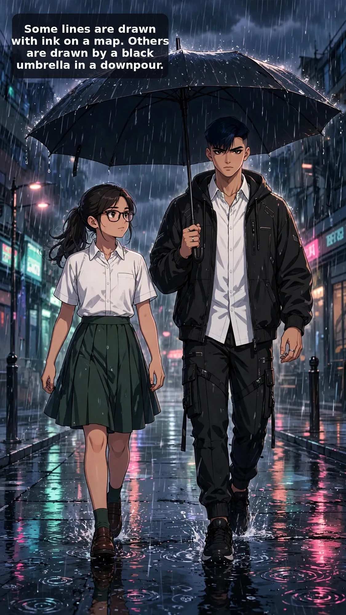 Some lines are drawn with ink on a map. Others are drawn by a black umbrella in a downpour.